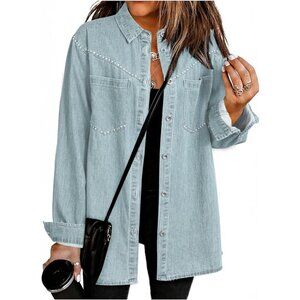 Women's Denim Shirt Long Sleeve Button Down V Neck Denim Jacket Beau Blue